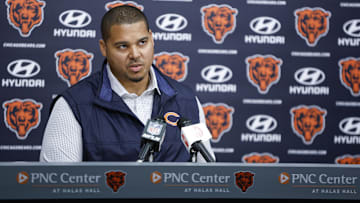 Chicago Bears general manager Ryan Poles speaks during a press conference at Halas Hall.