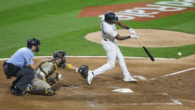 Sep 30, 2023; Chicago, Illinois, USA; Chicago White Sox shortstop Tim Anderson (7) singles against