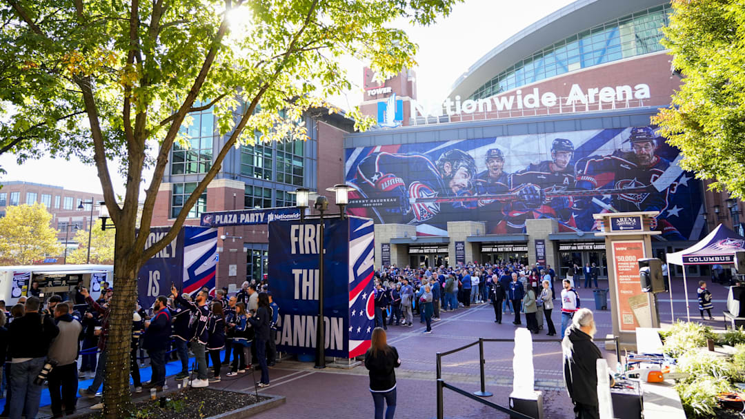 Oct 17, 2024; Columbus, Ohio, USA; Fans greet Columbus Blue Jackets on the blue carpet during the CBJ Plaza Party before the game against the Buffalo Sabres at Nationwide Arena on Thursday. Mandatory Credit: Samantha Madar/USA TODAY Network via Imagn Images
