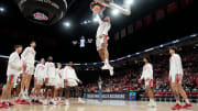 Mar 26, 2024; Columbus, OH, USA; Ohio State Buckeyes guard Roddy Gayle Jr. (1) dunks in warm-ups prior to the NIT quarterfinals against the Georgia Bulldogs at Value City Arena.