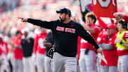 Ohio State Buckeyes head coach Ryan Day motions from the sideline during the first half of the NCAA football game against the Rutgers Scarlet Knights at Ohio Stadium in Columbus on Nov. 22, 2025.