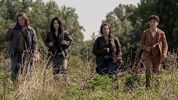 Alexa Mansour as Hope, Aliyah Royale as Iris, Nicolas Cantu as Elton, Hal Cumpston as Silas in The Walking Dead: World Beyond season 1