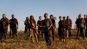 Cooper Andrews as Jerry, Khary Payton as Ezekiel, Danai Gurira as Michonne, Melissa McBride as Carol Peletier, Andrew Lincoln as Rick Grimes, Norman Reedus as Daryl Dixon, Christian Serratos as Rosita Espinosa - The Walking Dead season 8