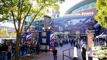 Oct 17, 2024; Columbus, Ohio, USA; Fans greet Columbus Blue Jackets on the blue carpet during the CBJ Plaza Party before the game against the Buffalo Sabres at Nationwide Arena on Thursday. Mandatory Credit: Samantha Madar/USA TODAY Network via Imagn Images