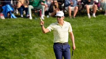 Ben Griffin celebrates a birdie during the Memorial Tournament 