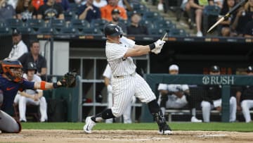 Jun 18, 2024; Chicago, Illinois, USA; Chicago White Sox first baseman Andrew Vaughn (25) breaks his bat as he grounds into force out against the Houston Astros during the third inning at Guaranteed Rate Field. Mandatory Credit: Kamil Krzaczynski-USA TODAY Sports