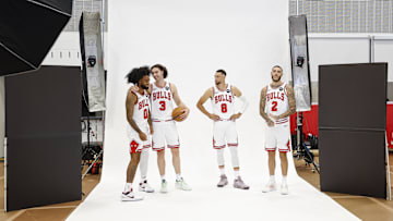 Sep 30, 2024; Chicago, Il, USA; Chicago Bulls guard Josh Giddey (3), guard Ayo Dosunmu (11) guard Zach LaVine (8) and guard Lonzo Ball (2) pose during Chicago Bulls Media Day. Mandatory Credit: Kamil Krzaczynski-Imagn Images