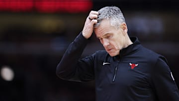 Dec 6, 2024; Chicago, Illinois, USA; Chicago Bulls head coach Billy Donovan reacts during the second half of a basketball game against the Indiana Pacers at United Center. Mandatory Credit: Kamil Krzaczynski-Imagn Images