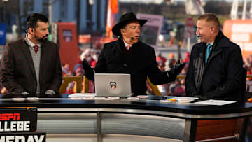 Ohio State head coach Ryan Day sits with Nick Saban and Kirk Herbstreit on the set of ESPN College GameDay prior to the College Football Playoff first round game between the Ohio State Buckeyes and Tennessee Volunteers in Columbus on Dec. 21, 2024.