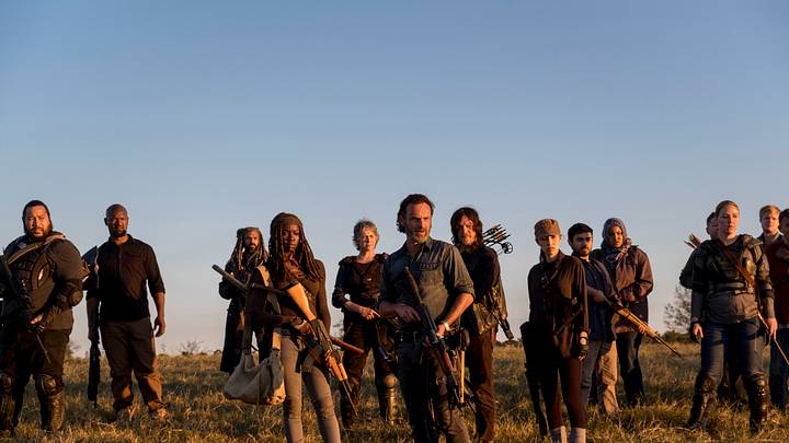 Cooper Andrews as Jerry, Khary Payton as Ezekiel, Danai Gurira as Michonne, Melissa McBride as Carol Peletier, Andrew Lincoln as Rick Grimes, Norman Reedus as Daryl Dixon, Christian Serratos as Rosita Espinosa - The Walking Dead season 8