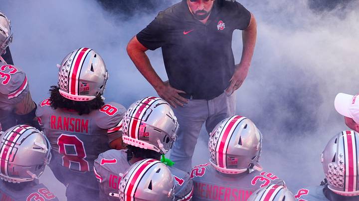 Oct 5, 2024; Columbus, Ohio, USA; Ohio State Buckeyes head coach Ryan Day looks at his players before the game against the Iowa Hawkeyes on Saturday.