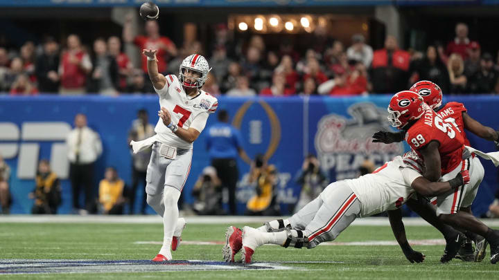 Dec 31, 2022; Atlanta, Georgia, USA; OSU Buckeyes quarterback C.J. Stroud (7) throws a pass against the Georgia Bulldogs.