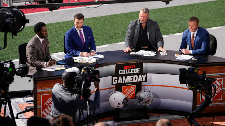 Oct 21, 2023; Columbus, Ohio, USA; The ESPN College Gameday crew broadcasts from the field prior to