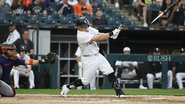 Jun 18, 2024; Chicago, Illinois, USA; Chicago White Sox first baseman Andrew Vaughn (25) breaks his bat as he grounds into force out against the Houston Astros during the third inning at Guaranteed Rate Field. Mandatory Credit: Kamil Krzaczynski-USA TODAY Sports