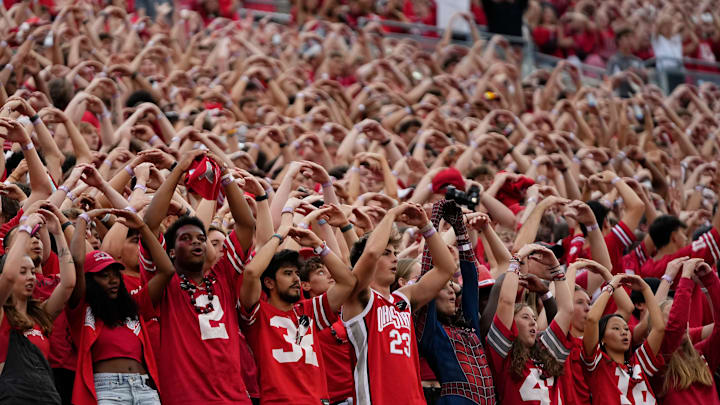 Ohio State Buckeyes fans and students cheer during the NCAA football game against the Ohio Bobcats at Ohio Stadium on Sept. 13, 2025. Ohio State won 37-9.