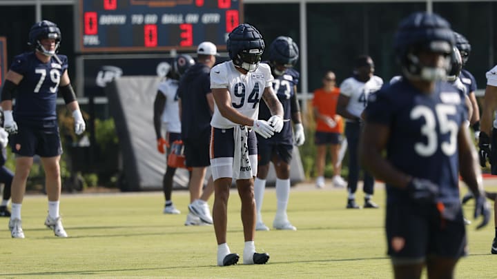 The growth of Austin Booker (94) as an edge rusher could become more clear in Sunday's Bears preseason opener. The growth of Austin Booker (94) as an edge rusher could become more clear in Sunday's Bears preseason opener.