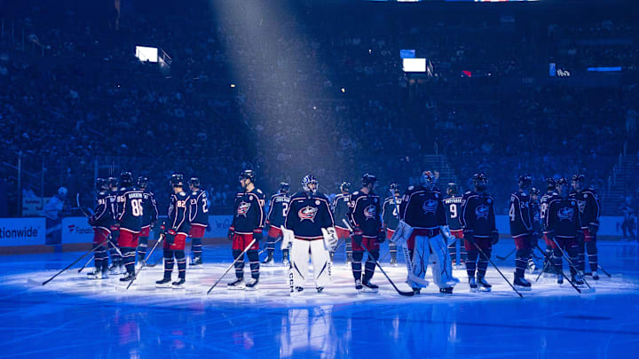 Oct 17, 2024; Columbus, Ohio, USA; The Columbus Blue Jackets are introduced before the game against the Buffalo Sabres at Nationwide Arena on Thursday. Mandatory Credit: Samantha Madar/USA TODAY Network via Imagn Images 