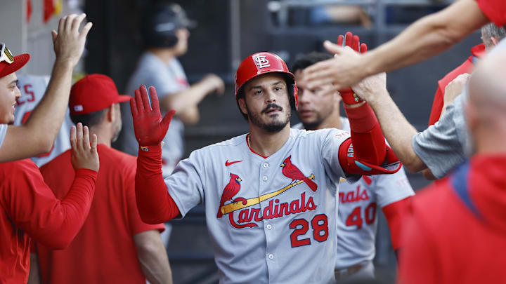 St. Louis Cardinals third baseman Nolan Arenado (28) celebrates with teammates after hitting a solo home run against the Chicago White Sox at Rate Field. St. Louis Cardinals third baseman Nolan Arenado (28) celebrates with teammates after hitting a solo home run against the Chicago White Sox at Rate Field.