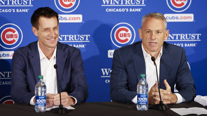 Nov 13, 2023; Chicago, Illinois, USA; Craig Counsell (L) smiles as he is introduced by Jed Hoyer (R), Cubs President of baseball operations as a new Cubs manager during a press conference in Chicago. Nov 13, 2023; Chicago, Illinois, USA; Craig Counsell (L) smiles as he is introduced by Jed Hoyer (R), Cubs President of baseball operations as a new Cubs manager during a press conference in Chicago.