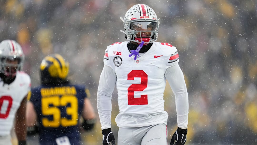 Ohio State Buckeyes defensive back Caleb Downs (2) celebrates during the NCAA football game against the Michigan Wolverines at Michigan Stadium in Ann Arbor, Mich. on Nov. 29, 2025. Ohio State won 27-9.