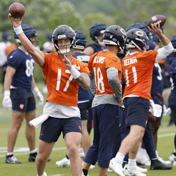 Tyson Bagent passes during Bears practice. He'll start against Miami on Sunday in the preseason opener.