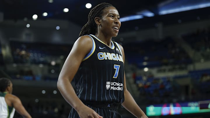 Aug 19, 2025; Chicago, Illinois, USA; Chicago Sky guard Ariel Atkins (7) reacts during the second half at Wintrust Arena. Mandatory Credit: Kamil Krzaczynski-Imagn Images