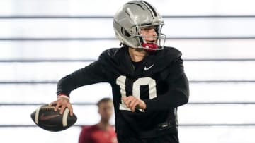 Mar 7, 2024; Columbus, OH, USA; Ohio State Buckeyes quarterback Julian Sayin (10) takes a snap during spring football practice at the Woody Hayes Athletic Center.