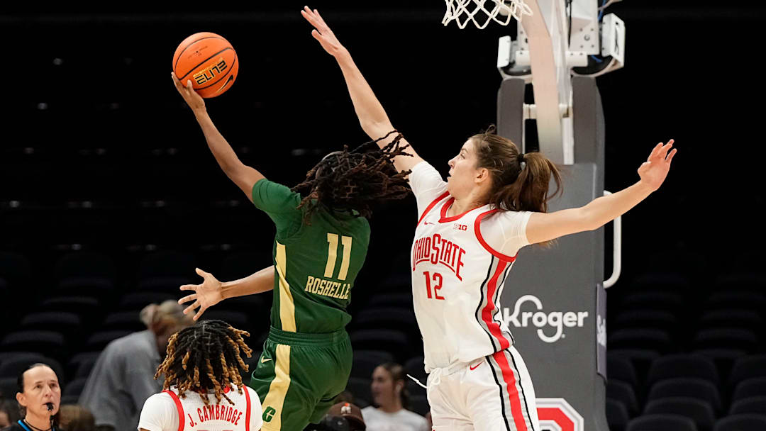 Ohio State Buckeyes center Elsa Lemmil (12) defends Charlotte 49ers guard Madison Roshelle (11) during the NCAA women's basketball game at Value City Arena on Wednesday, Nov. 13, 2024. Ohio State won 94-53. Ohio State Buckeyes center Elsa Lemmil (12) defends Charlotte 49ers guard Madison Roshelle (11) during the NCAA women's basketball game at Value City Arena on Wednesday, Nov. 13, 2024. Ohio State won 94-53.