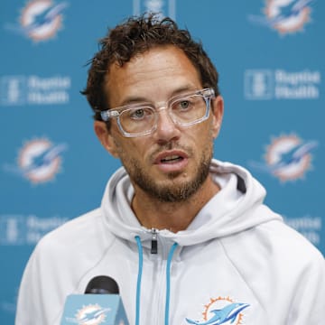 Miami Dolphins head coach Mike McDaniel speaks before joint training camp practice with the Chicago Bears ahead of Sunday's preseason opener. 