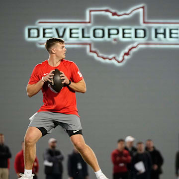 Ohio State Buckeyes quarterback Will Howard drops back to pass during the pro day for NFL scouts at the Woody Hayes Athletic Cente on March 26, 2025.