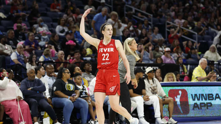 Aug 30, 2024; Chicago, Illinois, USA; Indiana Fever guard Caitlin Clark (22) reacts as she walks off the floor during the second half of a basketball game against the Chicago Sky at Wintrust Arena. Mandatory Credit: Kamil Krzaczynski-USA TODAY Sports