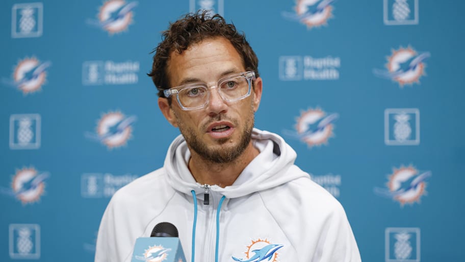 Miami Dolphins head coach Mike McDaniel speaks before joint training camp practice with the Chicago Bears ahead of Sunday's preseason opener.  | Kamil Krzaczynski-Imagn Images
