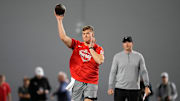 Ohio State Buckeyes quarterback Will Howard throws during the pro day for NFL scouts at the Woody Hayes Athletic Center on March 26, 2025.