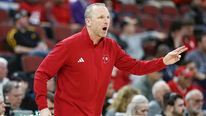 Mar 11, 2026; Chicago, IL, USA; Indiana Hoosiers head coach Darian Devries directs his team against the Northwestern Wildcats during the first half at United Center. Mandatory Credit: Kamil Krzaczynski-Imagn Images