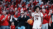 Louisville guard Chucky Hepburn (24) was applauded by the fans as he dribbled out the game against Pittsburgh at the KFC Yum! Center in Louisville, Ky. on Mar. 1, 2025. Louisville won 79-68.