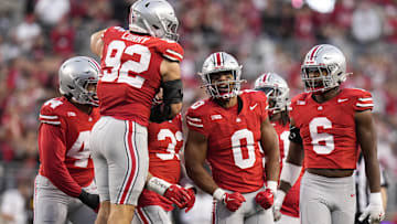 Sep 7, 2024; Columbus, Ohio, USA;  Ohio State Buckeyes linebacker Cody Simon (0) celebrates with teammates after a sack against the Western Michigan Broncos during the first half at Ohio Stadium. Mandatory Credit: Adam Cairns-Imagn Images