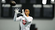 Ohio State Buckeyes wide receiver Emeka Egbuka catches a pass during the pro day for NFL scouts at the Woody Hayes Athletic Cente on March 26, 2025.