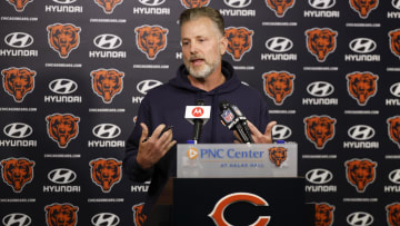 May 31, 2024; Lake Forest, IL, USA; Chicago Bears head coach Matt Eberflus speaks during organized team activities at Halas Hall.