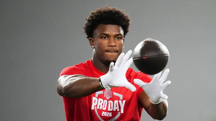 Ohio State Buckeyes defensive back Caleb Downs catches a ball during Pro Day for NFL scouts at the Woody Hayes Athletics Center on March 25, 2026.