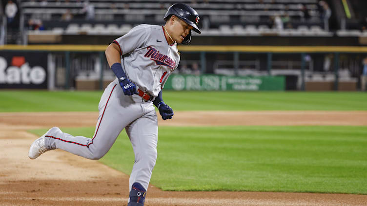 Oct 3, 2022; Chicago, Illinois, USA; Minnesota Twins third baseman Gio Urshela (15) rounds the bases