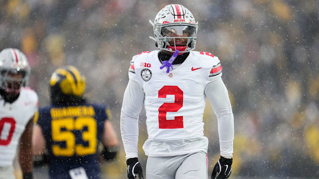 Ohio State Buckeyes defensive back Caleb Downs (2) celebrates during the NCAA football game against the Michigan Wolverines at Michigan Stadium in Ann Arbor, Mich. on Nov. 29, 2025. Ohio State won 27-9.