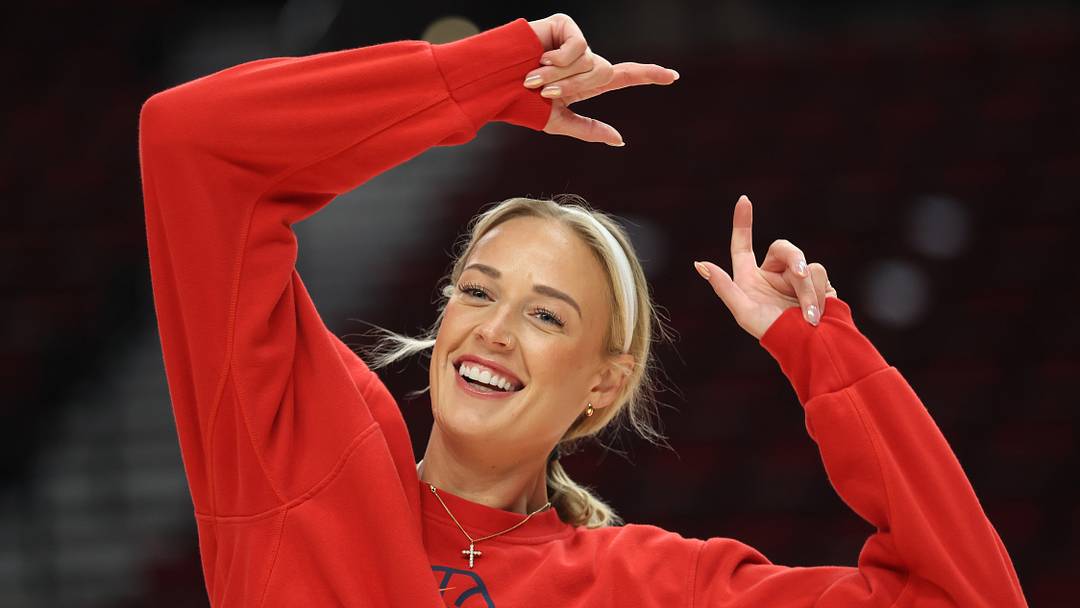 Indiana Fever guard Sophie Cunningham (8) reacts during warmups before a game against the Portland Fire at Moda Center.
