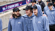 Mar 1, 2025; Columbus, Ohio, USA; Columbus Blue Jackets Kirill Marchenko, left, Dmitri Voronkov, center, and Daniil Tarasov walk into the stadium before the NHL Stadium Series game between the Columbus Blue Jackets and the Detroit Red Wings  at Ohio Stadium. Mandatory Credit: Samantha Madar/USA TODAY Network via Imagn Images