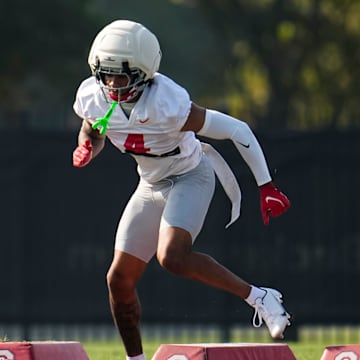 Ohio State Buckeyes cornerback Devin Sanchez (4) runs a drill during football training camp at the Woody Hayes Athletic Center on Aug. 1, 2025.