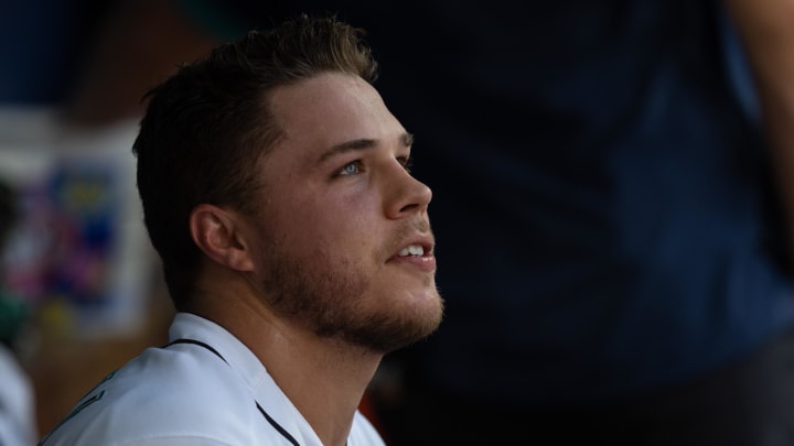 Jun 23, 2021; Seattle, Washington, USA; Seattle Mariners relief pitcher Vinny Nittoli (46) is pictured in the dugout during a game against the Colorado Rockies at T-Mobile Park. The Rockies won 5-2