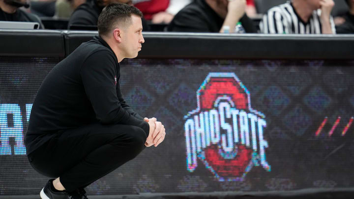 Mar 26, 2024; Columbus, OH, USA; Ohio State Buckeyes head coach Jake Diebler watches during the second half of the NIT quarterfinals against the Georgia Bulldogs at Value City Arena. Ohio State lost 79-77.