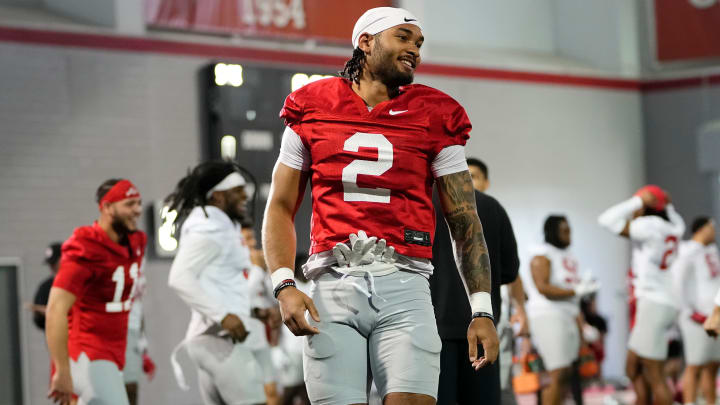 Mar 5, 2024; Columbus, OH, USA; Ohio State Buckeyes wide receiver Emeka Egbuka (2) warms up during the first spring practice at the Woody Hayes Athletic Center.