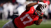 Ohio State Buckeyes wide receiver Carnell Tate (17) catches a touchdown pass during the NCAA football game against the Penn State Nittany Lions at Ohio Stadium in Columbus on Nov. 1, 2025.