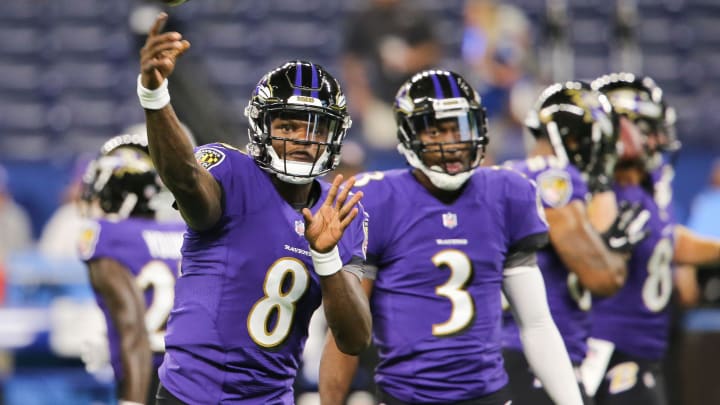 The Baltimore Ravens         Lamar Jackson (8) warmed up as teammate Robert Griffin III (3) looked on before their preseason game against the Indianapolis Colts at Lucas Oil Stadium in Indianapolis.
Aug. 20, 2018

Lamarcolts17 Sam

The Baltimore RavensaTM Lamar Jackson (8) warmed up as teammate Robert Griffin III (3) looked on before their preseason game against the Indianapolis Colts at Lucas Oil Stadium in Indianapolis.
Aug. 20, 2018