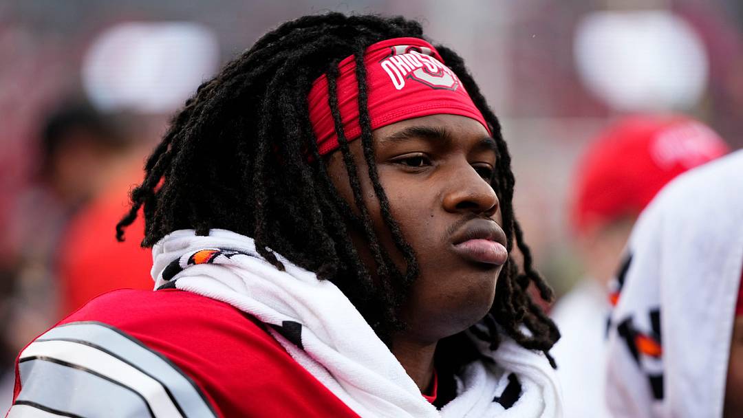 Wide receiver Jeremiah Smith (4) watches during the Ohio State football spring game at Ohio Stadium in Columbus on April 18, 2026.